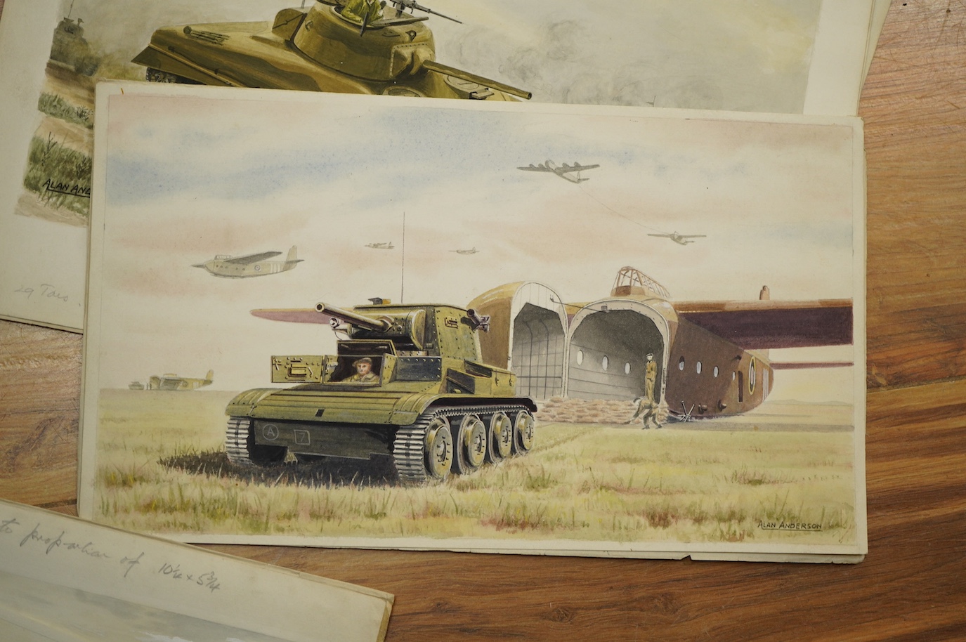 Alan Anderson, set of eight original WWII watercolours for postcard designs, Military vehicles to include ‘Cromwell Tank’, Matilda Infantry Tank’, ‘Churchill Heavy Infantry Tank’ and ‘Crusader Tank’, each with original c